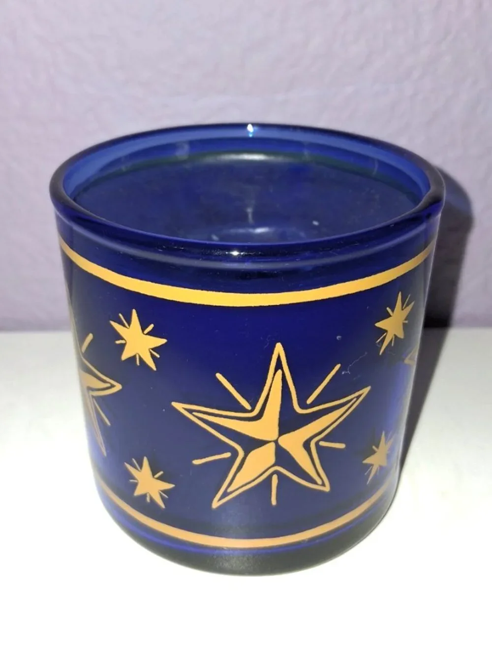 Vintage Celestial Stars Blue Glass Single Wick Candle Gold Yellow Goth Boho 90s